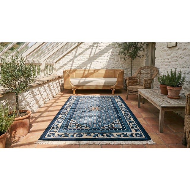 Blue 1930s Blue Medallion Antique Pair of Chinese Peking Rugs 3'2" X 5'2" Handknotted Wool Carpets For Sale - Image 8 of 9