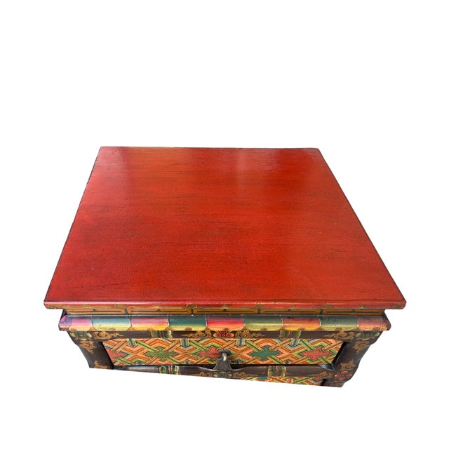 Tibetan Style Geometric Graphic Brown Golden Yellow End Table Nightstand For Sale - Image 10 of 10