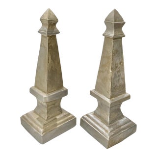 Pair Vintage Carved Lightweight Wooden Obelisks – 13.25” Architectural Accents From Indonesia - Neoclassical & Palm Beach Chic. See Pics! For Sale