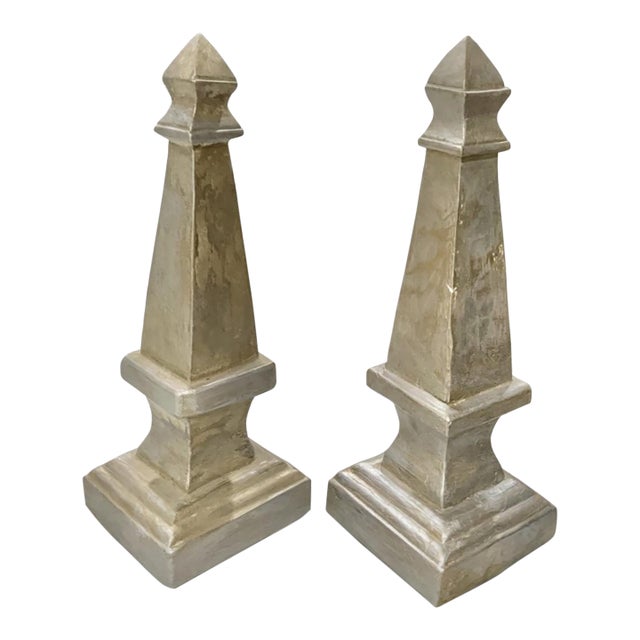 Pair Vintage Carved Lightweight Wooden Obelisks – 13.25” Architectural Accents From Indonesia - Neoclassical & Palm Beach Chic. See Pics! For Sale