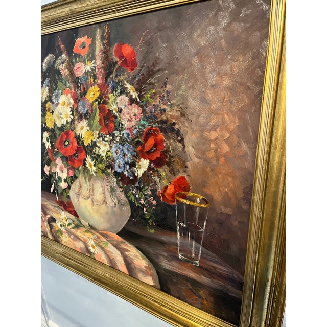 Red Impressionist Vintage Floral Still Life Oil on Canvas Painting For Sale - Image 8 of 12