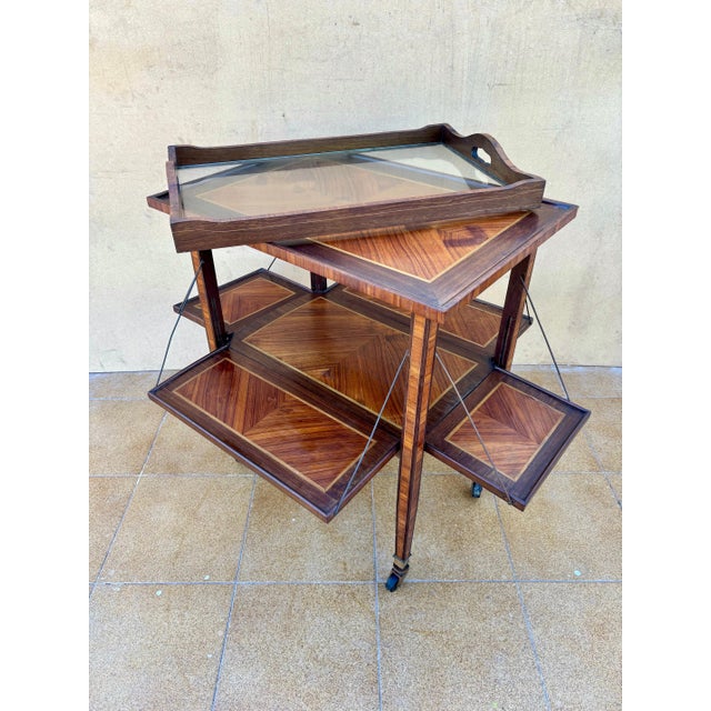French Art Deco Folding Bar Cart with Drop-Leaf Shelves, Walnut Veneer, c. 1930 For Sale - Image 4 of 9