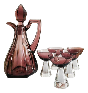 Vintage Art Deco Glass Carafe and Glasses in Mulberry Purple, 1950s, Set of 6