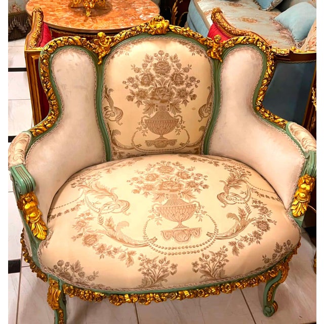 Create an atmosphere of timeless romance with this exquisite French Louis XV Loveseat Sofa, a luxurious statement piece...
