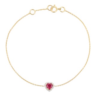 Heart Cut Ruby Prong Set With Natural Diamonds in 14k Yellow Gold Bracelet For Sale