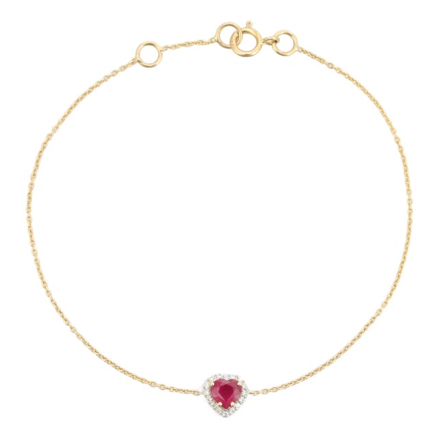 Heart Cut Ruby Prong Set With Natural Diamonds in 14k Yellow Gold Bracelet For Sale
