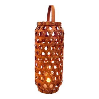 Vintage Woven Wood Hurricane Lantern Candle Holder With Glass Insert & Sculptural Handle For Sale