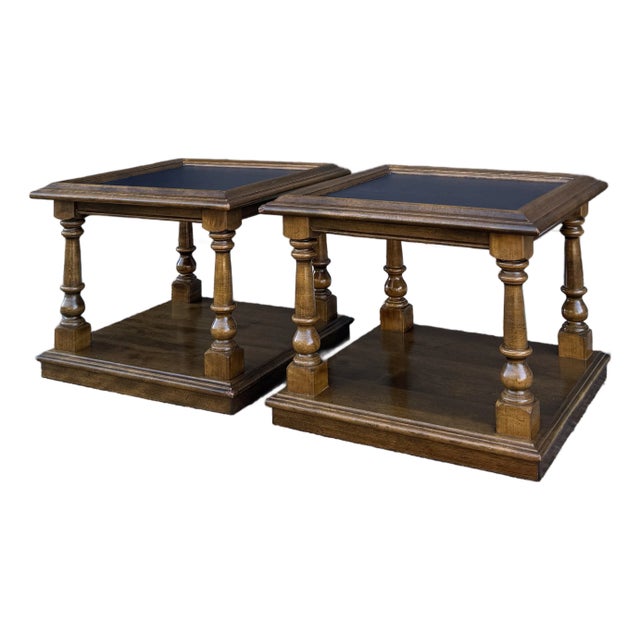 1960s Ethan Allen Classic Manor Traditional Maple Square Side Tables or Bunching Tables With Faux Slate Tops - A Pair For Sale
