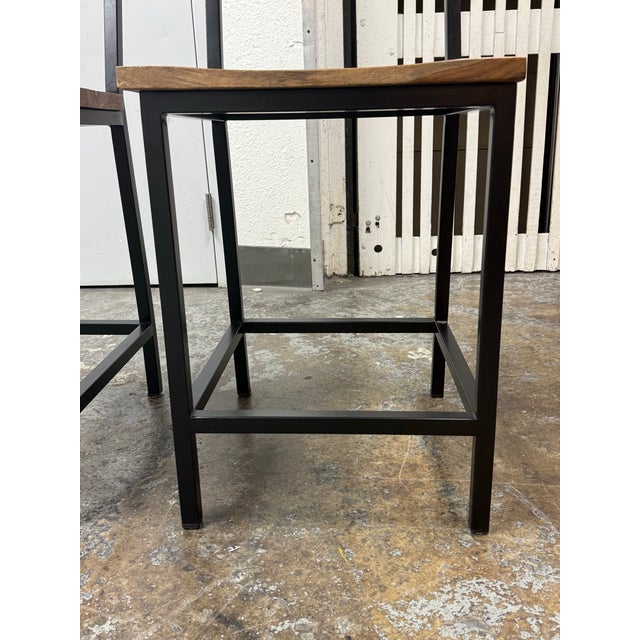 Industrial Acacia Wood + Metal Barstools, Pair For Sale - Image 9 of 12