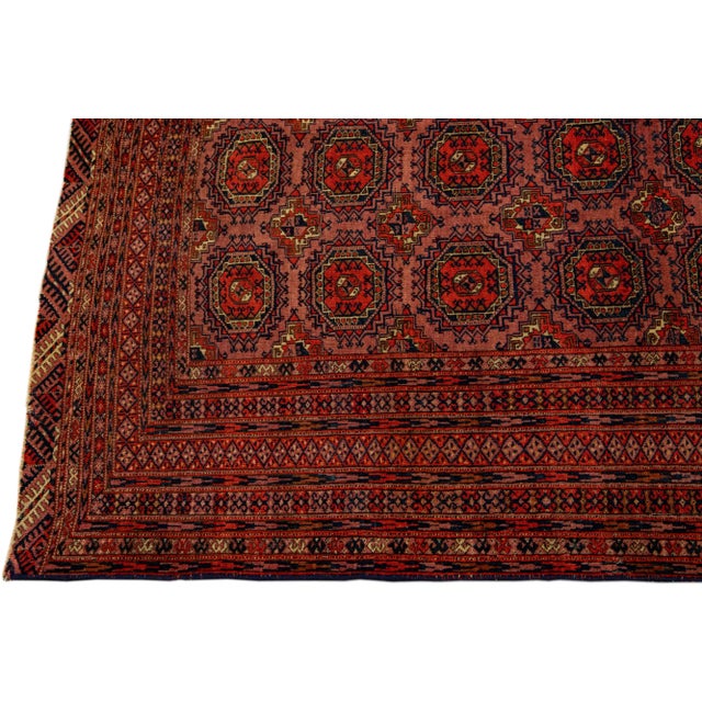 Vintage Turkmen Handmade Geometric Persian Wool Rug With Terracotta Color For Sale - Image 4 of 9