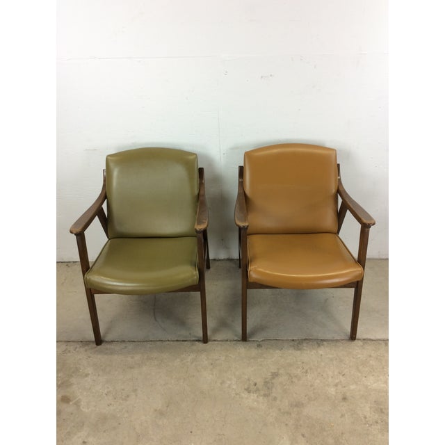 Pair of Mid Century Modern Green & Gold Vinyl Lounge Chairs With Walnut Frames For Sale - Image 9 of 12