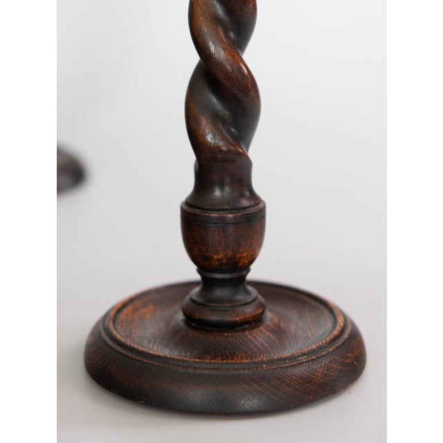 Tall Antique English Barley Twist Oak Candlesticks - A Pair For Sale - Image 4 of 8