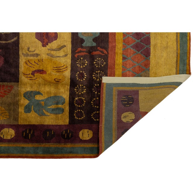 Modern Tibetan Hand-Knotted Wool and Silk Rug With Botanical and Geometric Motif For Sale - Image 4 of 10