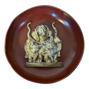 German Art Deco Gilt Bronze and Enamel Pin Dish Vide Poche With Dachshund Dog and Two Cats