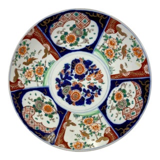 Large Signed Antique Imari Plate / Charger Hand Painted With Vibrant Floral Patterns, Garden Scenes and Golden Birds - Circa 1900 For Sale
