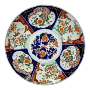Large Signed Antique Imari Plate / Charger Hand Painted With Vibrant Floral Patterns, Garden Scenes and Golden Birds - Circa 1900