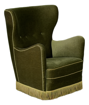 Mid-Century Modern Scandinavian Wingback Lounge Chair in Green Velvet, 1950s