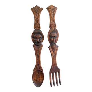 1960s Mid-Century Spanish Revival Oversized Hand-Carved Wood Fork & Spoon Wall Decor - Pair For Sale
