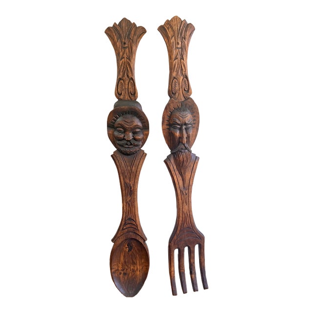 1960s Mid-Century Spanish Revival Oversized Hand-Carved Wood Fork & Spoon Wall Decor - Pair For Sale