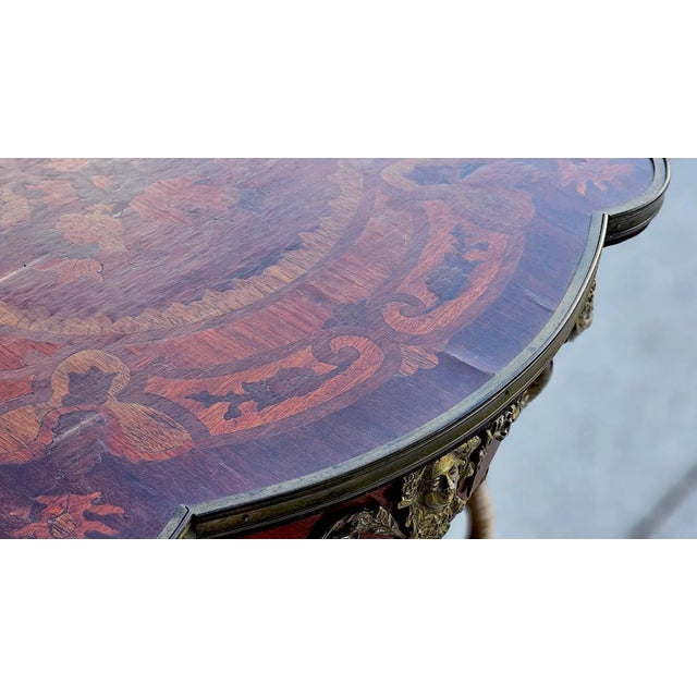 French Louis XV Revival Style Parquetry & Gilt Metal Accent Table, Mid 20th Century For Sale - Image 14 of 15