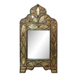 Vintage Moroccan Moorish Handmade Arched Vanity or Wall Mirror With Brass Inlay