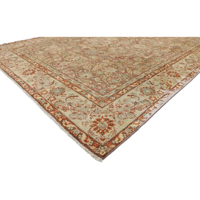 Distressed Antique Persian Tabriz Rug with Rustic Italian Tuscan Style 07'08 x 10'09. Cleverly composed and distinctively...