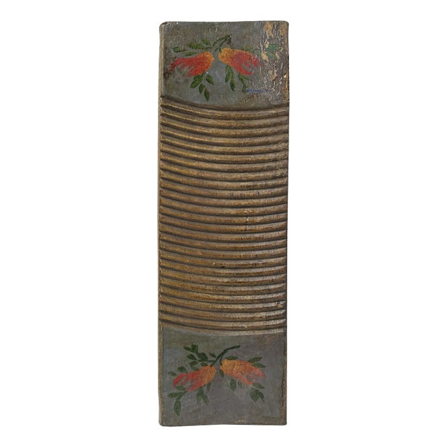 Vintage Restored Gray Blue Flower Graphic Washing Board Wood Panel Art For Sale