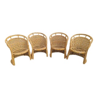 Mid 20th Century Vintage Set of 4 Braided and Weaved Rattan Barrel Dining Chairs For Sale