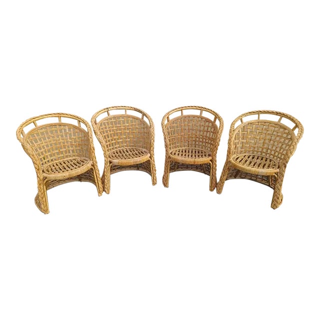 Mid 20th Century Vintage Set of 4 Braided and Weaved Rattan Barrel Dining Chairs For Sale