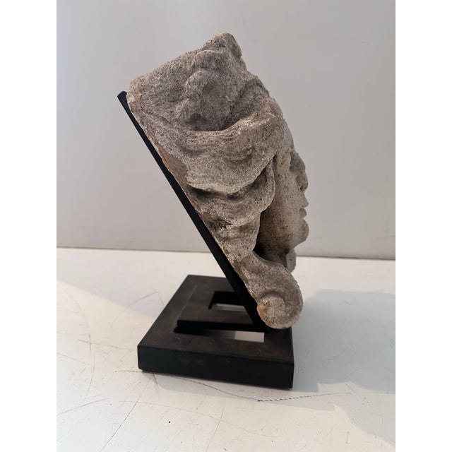 Carved Concrete Head Sculpture on Iron Base For Sale - Image 4 of 11
