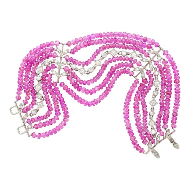 Vintage Platinum Diamond & Pink Sapphire Bead Bracelet For Sale In Miami - Image 6 of 8