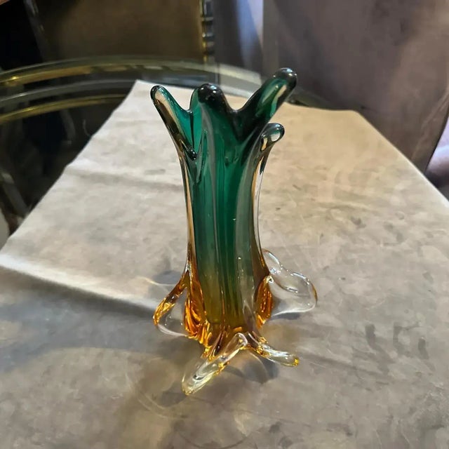 Italian 1970s Seguso Style Green and Yellow Sommerso Murano Glass Sculptural Vase For Sale - Image 3 of 12