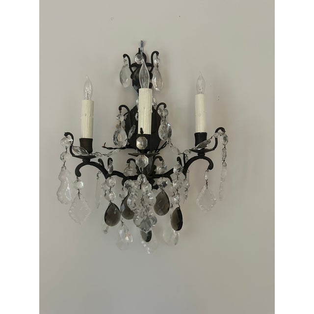 Metal Pair Late 19th Century Iron and Crystal Rocco Style Sconces For Sale - Image 7 of 7