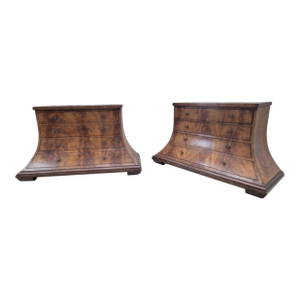 Vintage Arched Burl Walnut Marble Top Dressers Monarch Furniture for Century - Set of 2