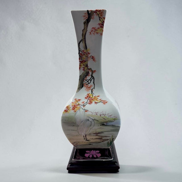 Tall Ming Village Four-Sided Hand-Painted Chinese Porcelain Crane & Blossom Vase, 21" For Sale - Image 12 of 18