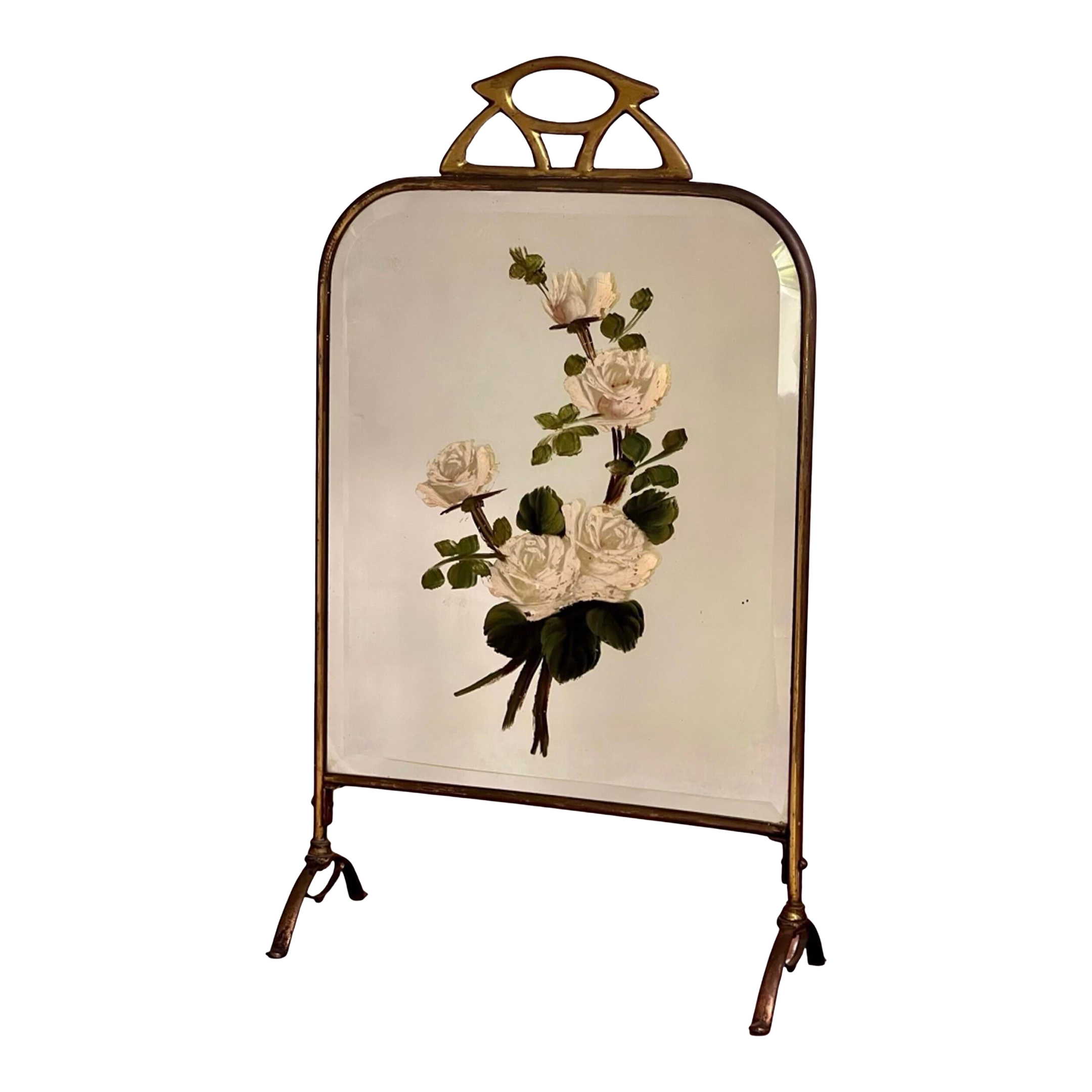 Art Deco Brass and Beveled Mirror Fire Screen With Painted Flowers