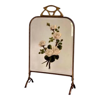 Art Deco Brass and Beveled Mirror Fire Screen With Painted Flowers, 1920s For Sale