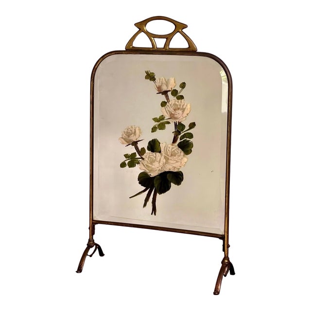 Art Deco Brass and Beveled Mirror Fire Screen With Painted Flowers, 1920s For Sale