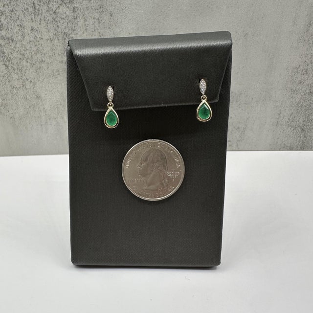 Emerald and Diamond Dangle Earrings in 10kt Yellow Gold – 6x4mm Pear, New, A Pair For Sale - Image 4 of 5