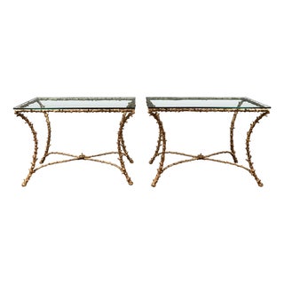 Pair of Midcentury Gilt Bronze Glass Tops Console Tables with Faux Bois Motifs For Sale