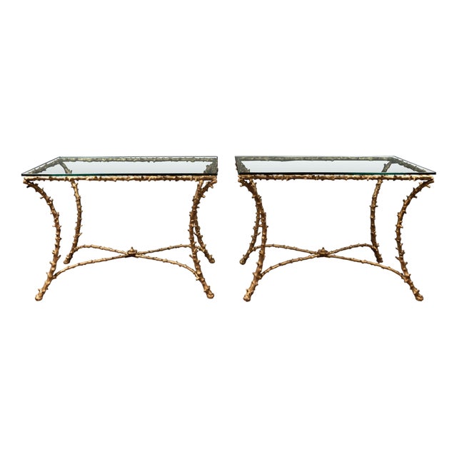 Pair of Midcentury Gilt Bronze Glass Tops Console Tables with Faux Bois Motifs For Sale