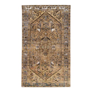 1960s Vintage Persian Distressed Handmade Geometric Brown Wool Rug For Sale