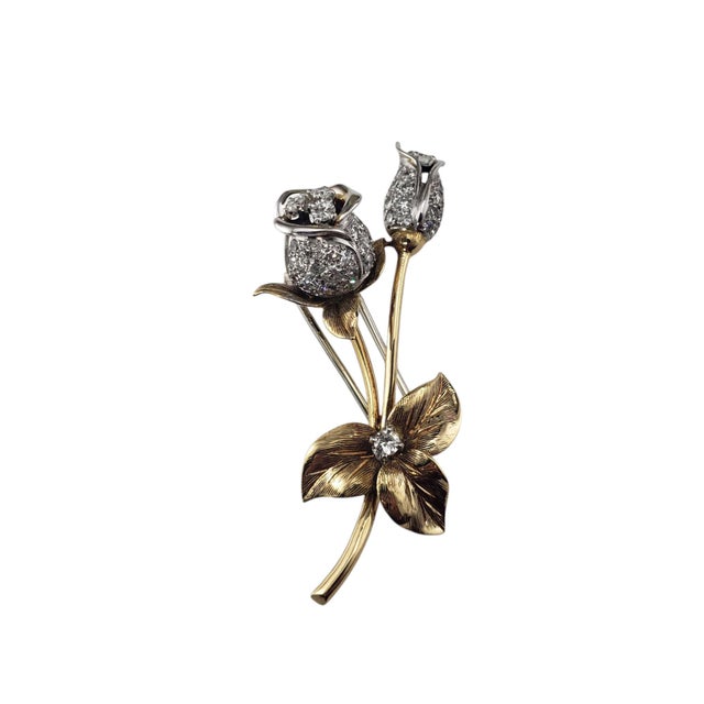 Contemporary Mid 20th Century Fred Paris 18k Yellow and White Gold Diamond Rose Brooch/Pin For Sale - Image 3 of 6