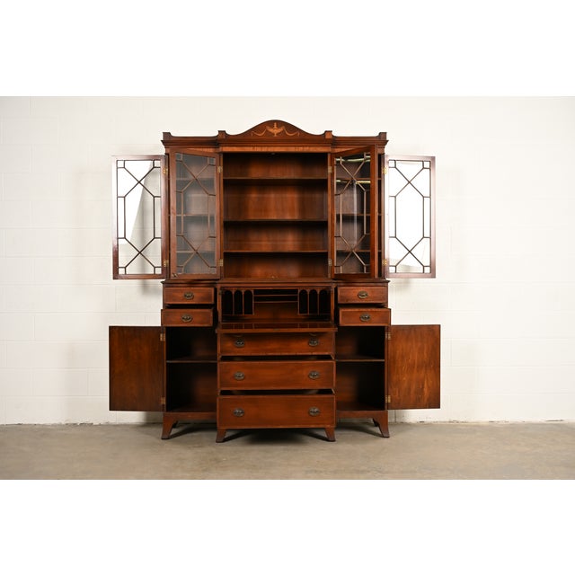 1940s Baker Furniture Style Federal Carved Mahogany Breakfront Bookcase Cabinet With Secretary Desk, Circa 1940s For Sale - Image 5 of 16