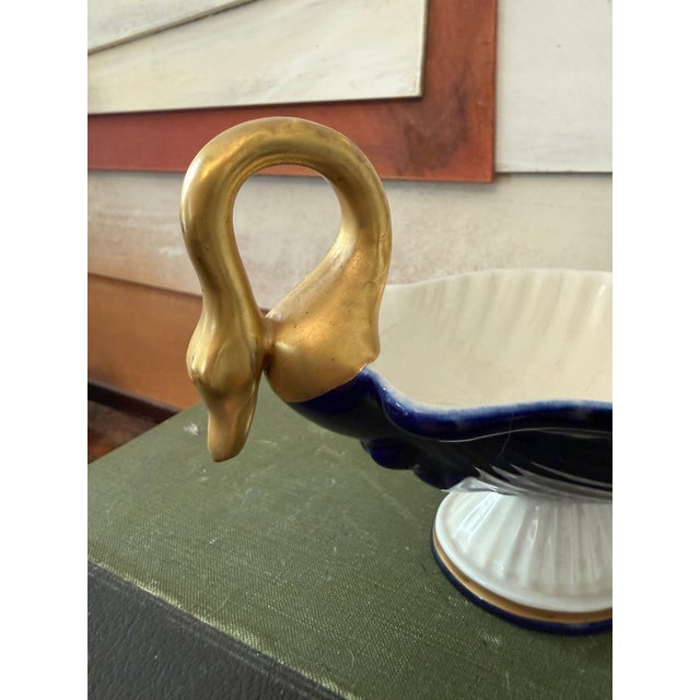 Figurative Vintage Italian Cobalt Blue Swan Shell Dish | Gold Gilt Porcelain Vanity Trinket Bowl | Bassano Italy 1960s–70s For Sale - Image 3 of 12