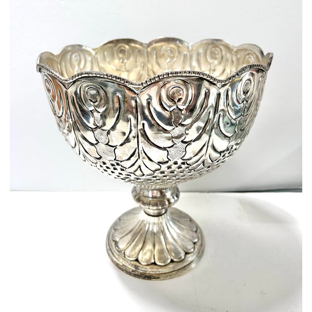 Metal 1960s Large Silver Plate Compote Fruit Bowl Embossed Repoussé Centerpiece Punch Bowl For Sale - Image 7 of 10