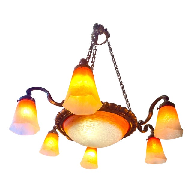Antique French Art Nouveau Glass Chandelier by Schneider, 1915 For Sale