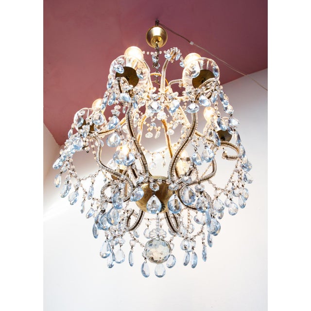 Italian Waterfall Chandelier in Gold-Plated Metal with Blue Crystals, 1960s For Sale - Image 12 of 14