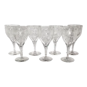 1950s Etched Crystal Wine Stem Glasses- Set of 7
