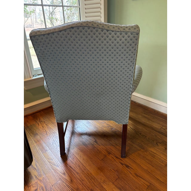 Beautiful Vintage Queen Anne Style Upholstered Arm Chair with Scalloped Seat Front. This chair has a lovely silhouette...